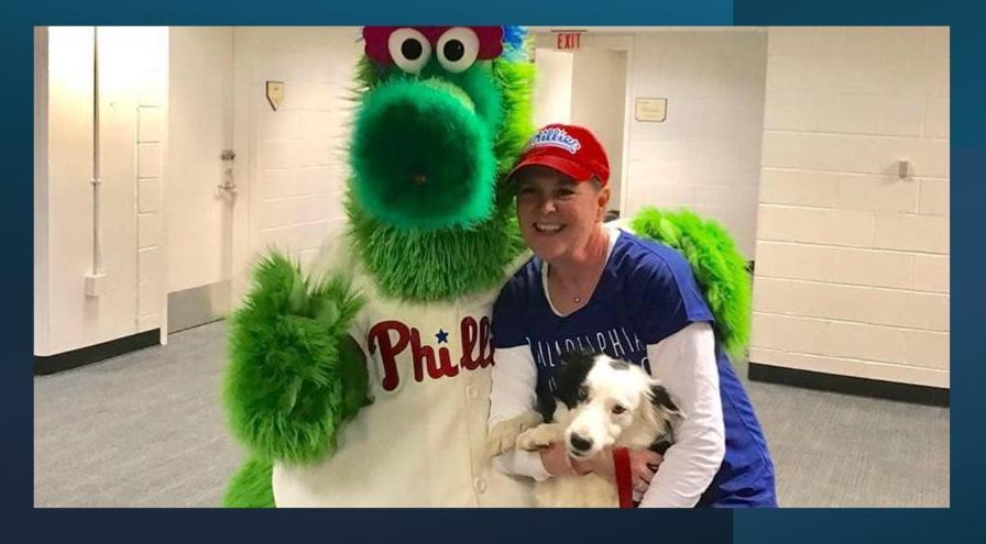 Mary Ellen Barry with Z and Philadelphia Phillies Phanatic hps